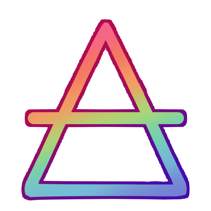 the sitelen pona glyph for the toki pona word 'kule,' which looks like a triangle with a horizontal line through it, colored in a rainbow gradient.